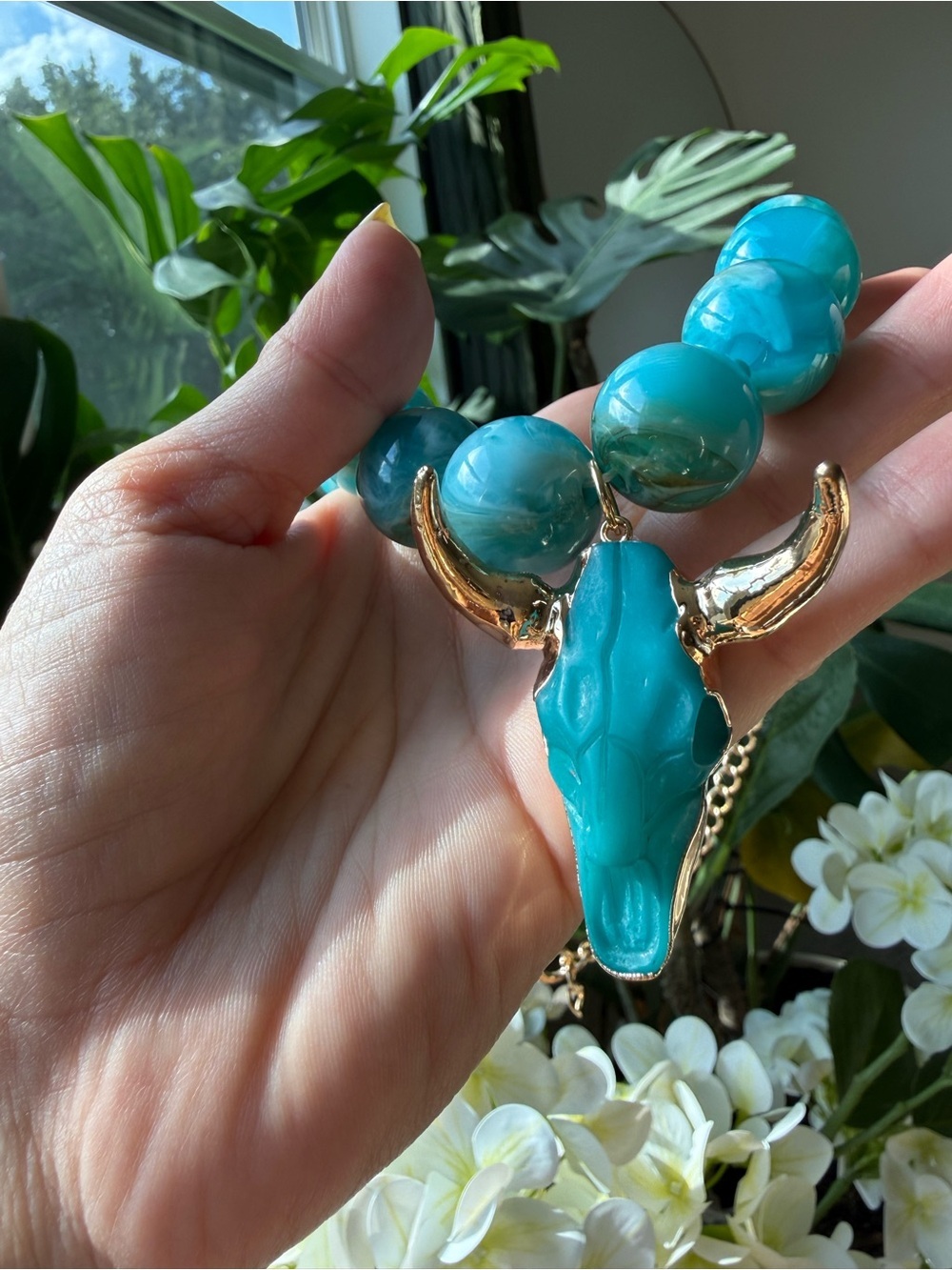 Turquoise Beaded Bull Skull Necklace - Women's Jewelry - Picture 4 of 4